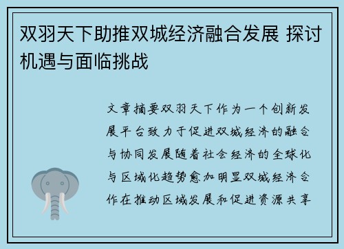 双羽天下助推双城经济融合发展 探讨机遇与面临挑战